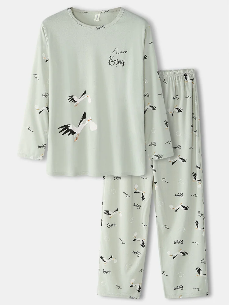 Mens Crane Print Cotton Comfy Loose Two-Piece Home Lounge Pajamas Set