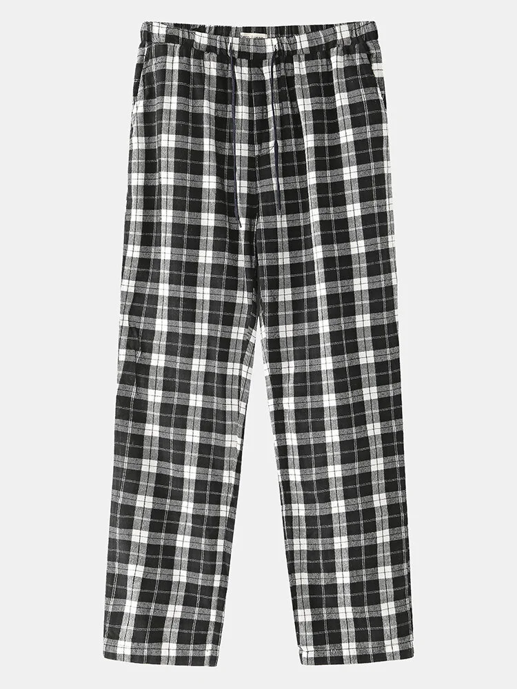 Mens Classic Plaid Print Cotton Drawstring Waist Home Loose Pajamas Pants