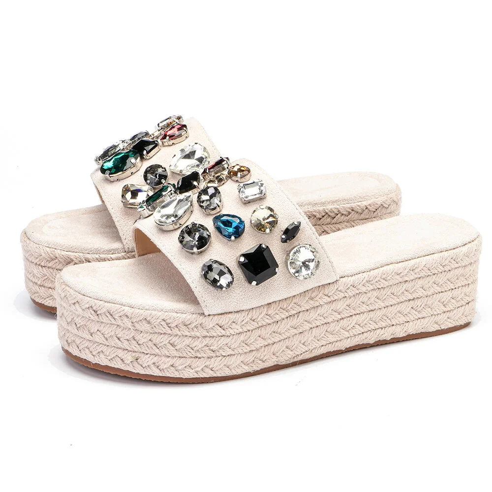 Women Casual Open Toe Rhinestone Espadrilles Platform Slippers