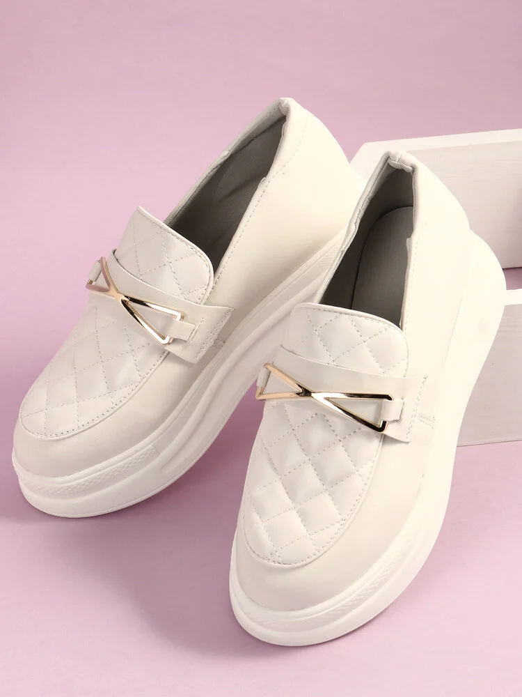 Women Fashion Metal Decor Comfy Slip On Casual Platform White Shoes