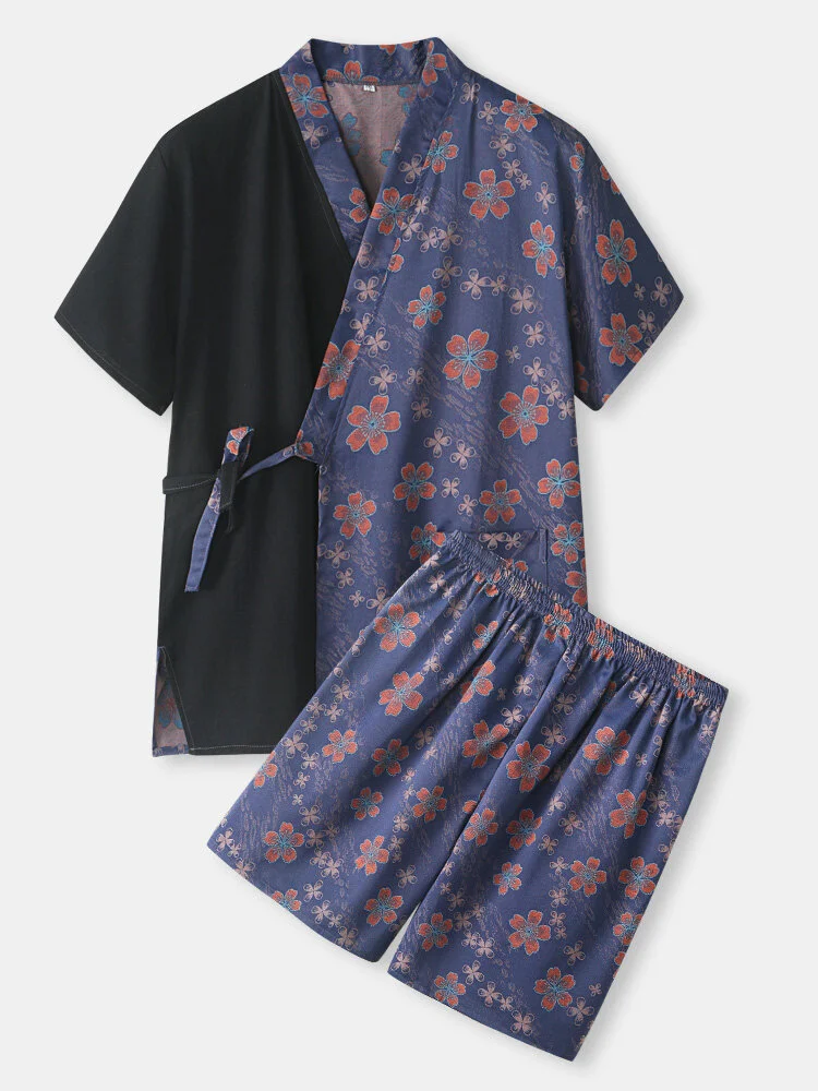 Mens Contrast Patchwork Floral Print Tie Side Kimono Cotton Sauna Clothes Loungewear