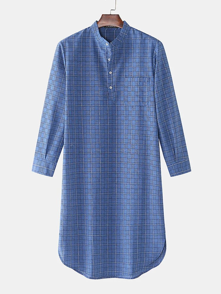 Mens 100%Cotton Gingham Kaftan Half Open Collar Breathable Casual Robes