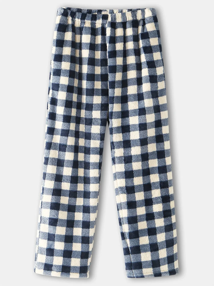 Mens Check Flannel Thicken Warm Elastic Waist Home Pajama Bottoms With Pocket