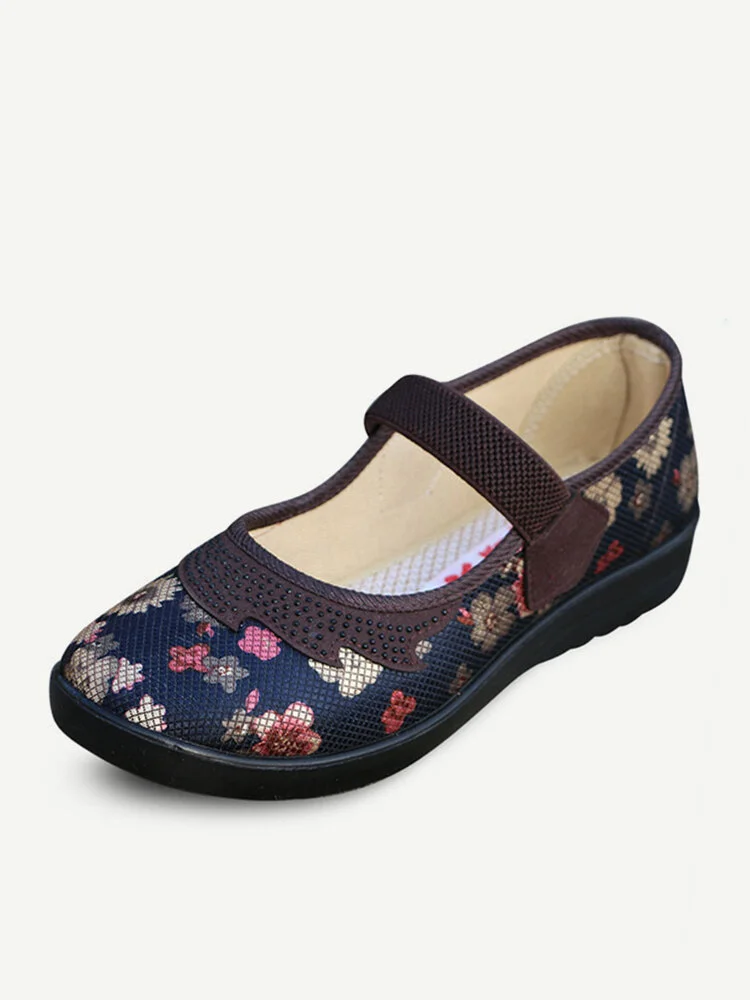 Floral Print Elastic Slip On Vintage Flat Chinese Style Loafers