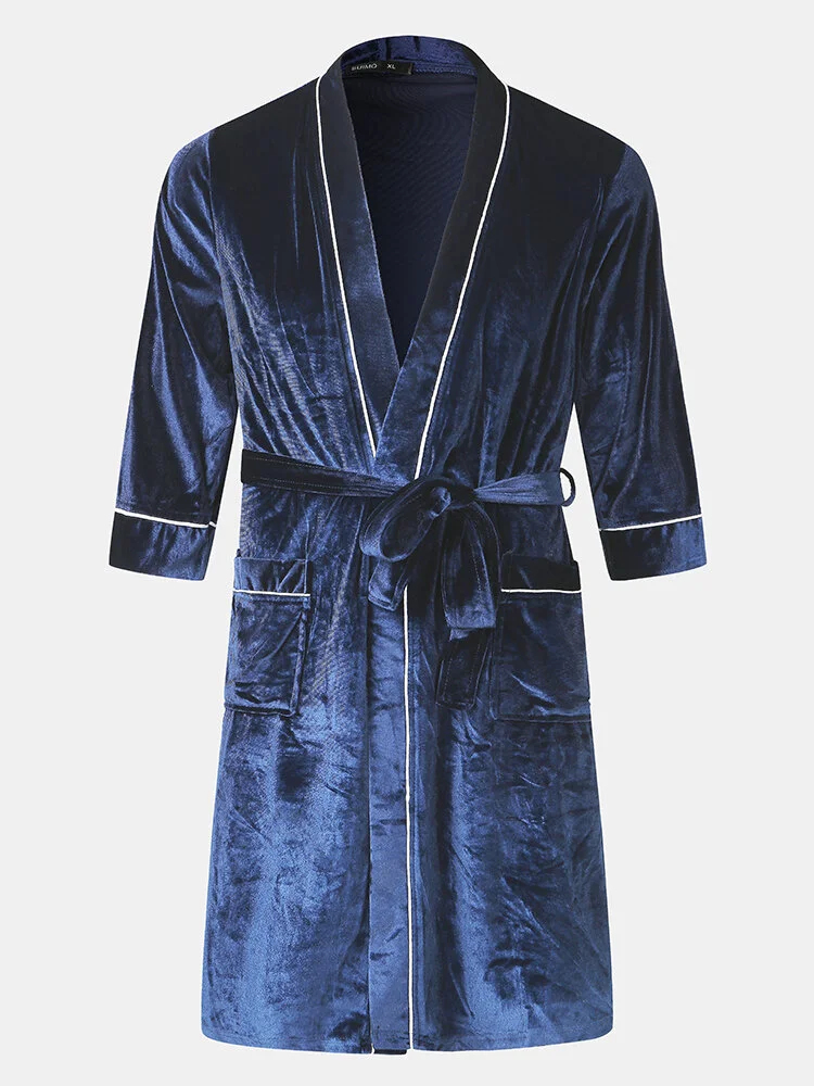 Mens Velour Contrast Binding Double Pocket Soft Robe With Belt